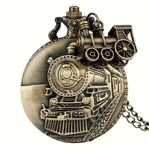 Vintage Style Locomotive Train Quartz Pocket Watch Men Gift Bronze w/Train Charm - Picture 2 of 8